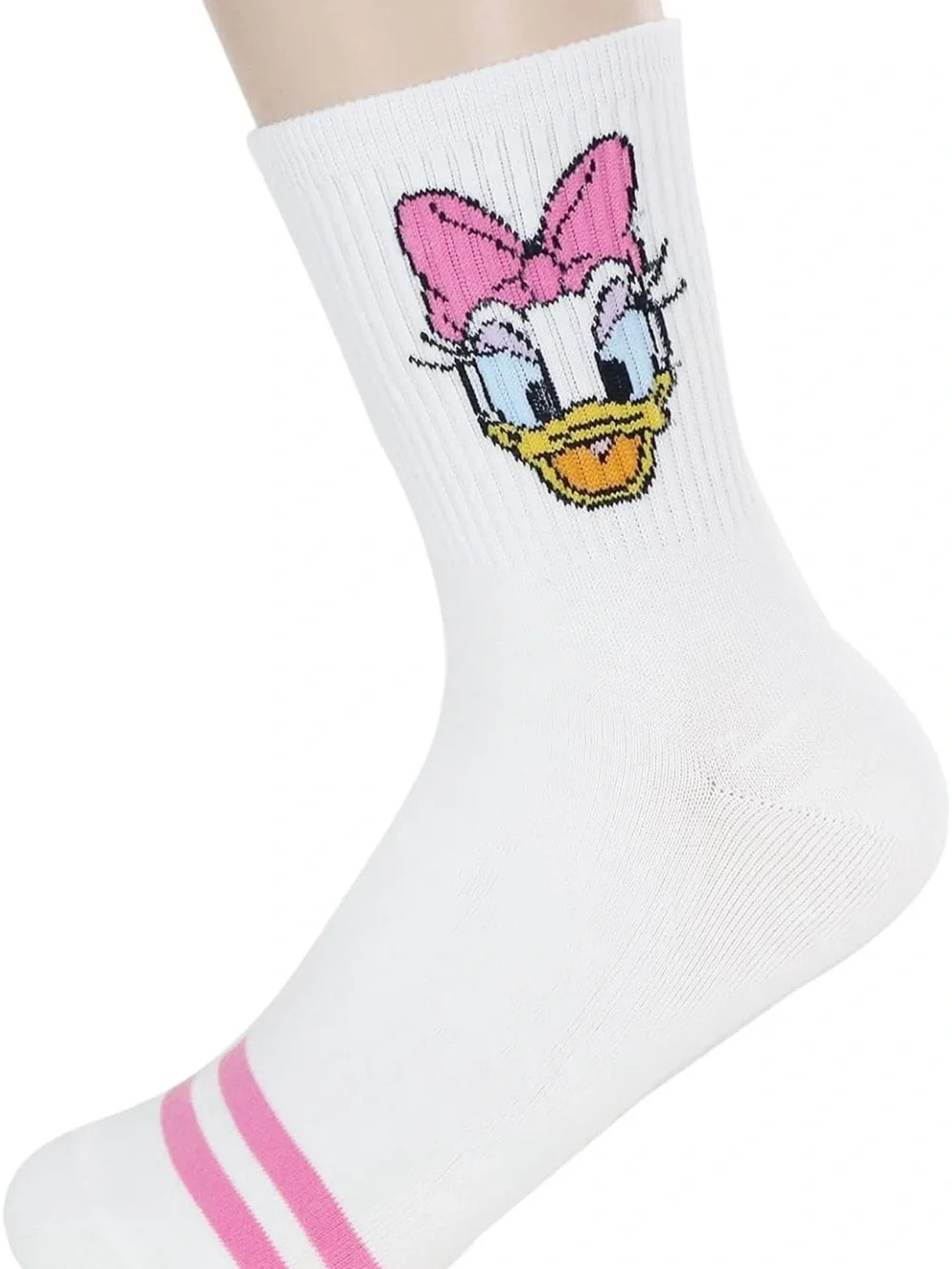 New Women’s White Crew Socks with Daisy Duck Face and Pink Bow